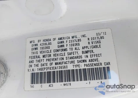 2012 Honda Accord 2.4 Se z USA, uszkodzony, nr VIN 1HGCP2F63CA136560